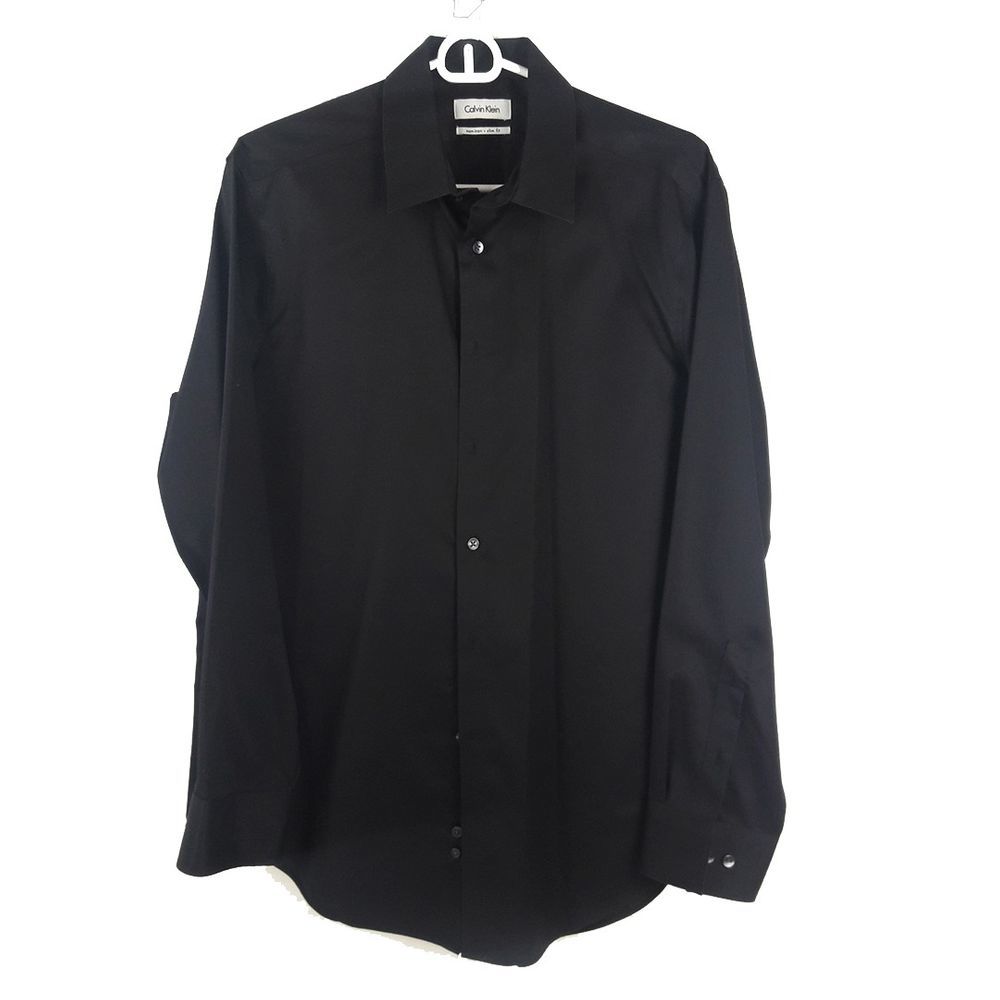 Calvin Klein Mens Black Button Down Dress Shirt Prom Formal Slim Fit 32-33